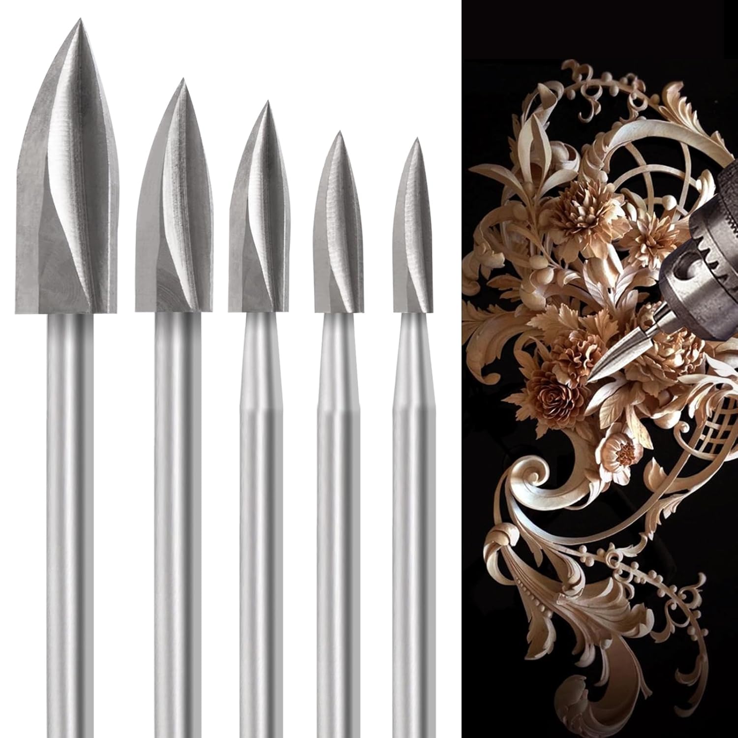 Wood Carving Tools for Dremel Rotary Tool, 5 PCS HSS Woodworking Tools Engraving Drill Bit Set Wood Crafts Grinding Tool Universal 1/8” Shank for DIY Carving Drilling Micro Sculpture