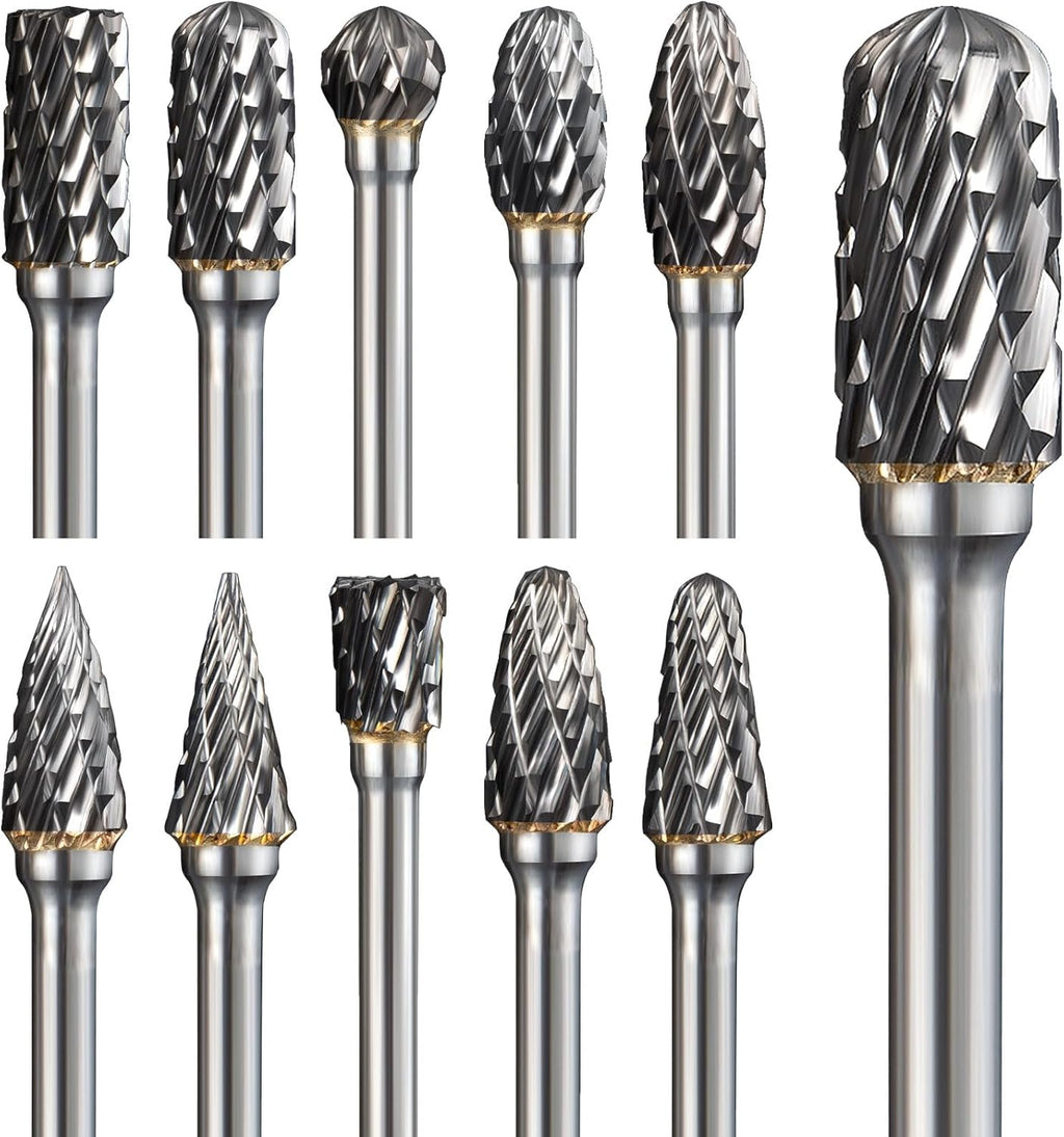 Carbide Burr Set Compatible with Dremel Rotary Tool 10Pcs Double Cut Carbide Rotary Burr Set with 1/8" Shank Rotary Tool Accessories for Woodworking, Carving, Engraving, Drilling, Steel Metal Working