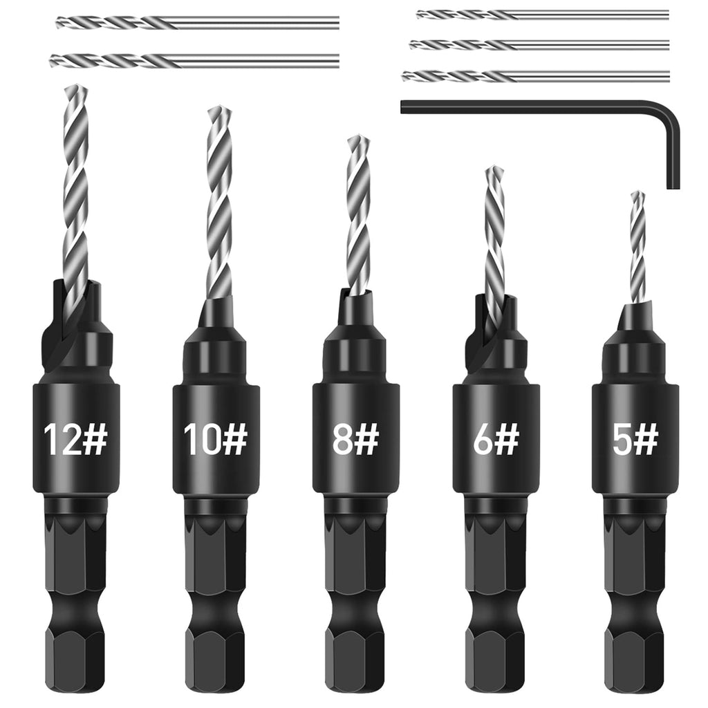 Countersink Drill Bit Set, 11 PCS Counter Sink Drill Bits for Wood, #5, #6, #8, #10, #12, Quick Change 1/4" Hex Shank Adjustable Countersink Set for Woodworking with Storage Box