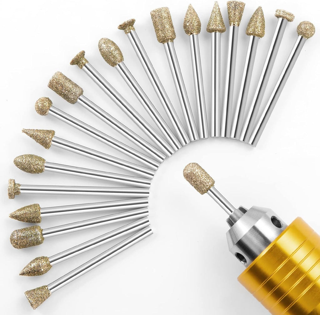 Diamond Grinding Burr Bit Set Compatible with Dremel Rotary Tool, 20Pcs 60 Grit Stone Carving Diamond Drill Bits with 1/8 inch Shank for Stone Glass Carving, Grinding, Polishing, Engraving, Sanding