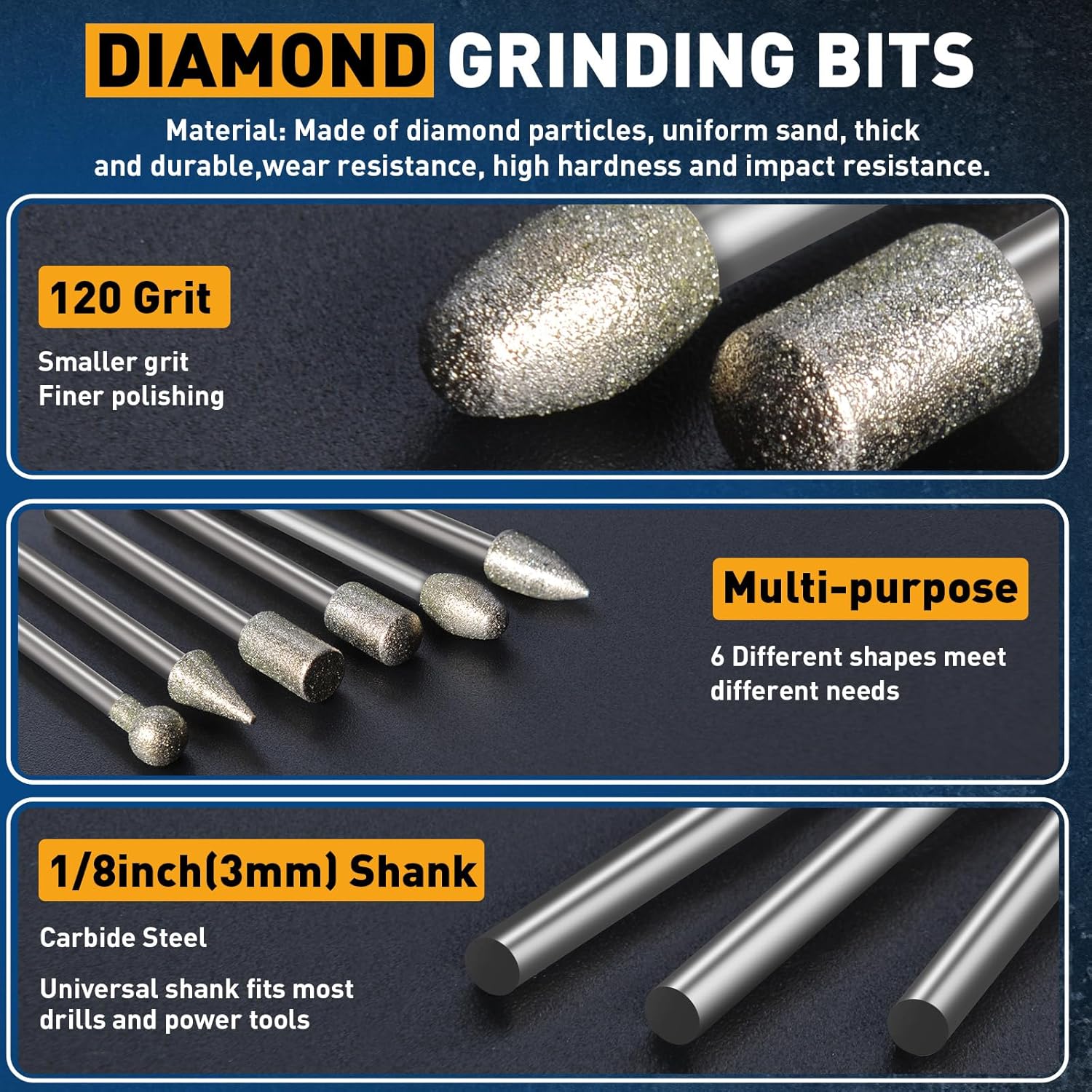20Pcs 120 Grit Diamond Grinding Bits Compatible with Dremel Rotary Tool with 1/8" Shank Diamond Drill Bits for Stone Glass Carving Engraving DIY Grinding Polishing