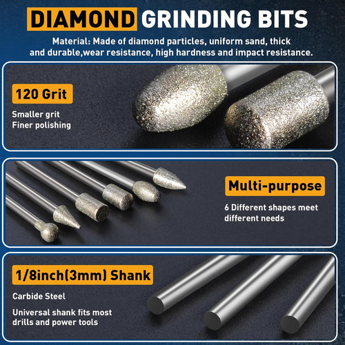 20Pcs 120 Grit Diamond Grinding Bits Compatible with Dremel Rotary Tool with 1/8" Shank Diamond Drill Bits for Stone Glass Carving Engraving DIY Grinding Polishing
