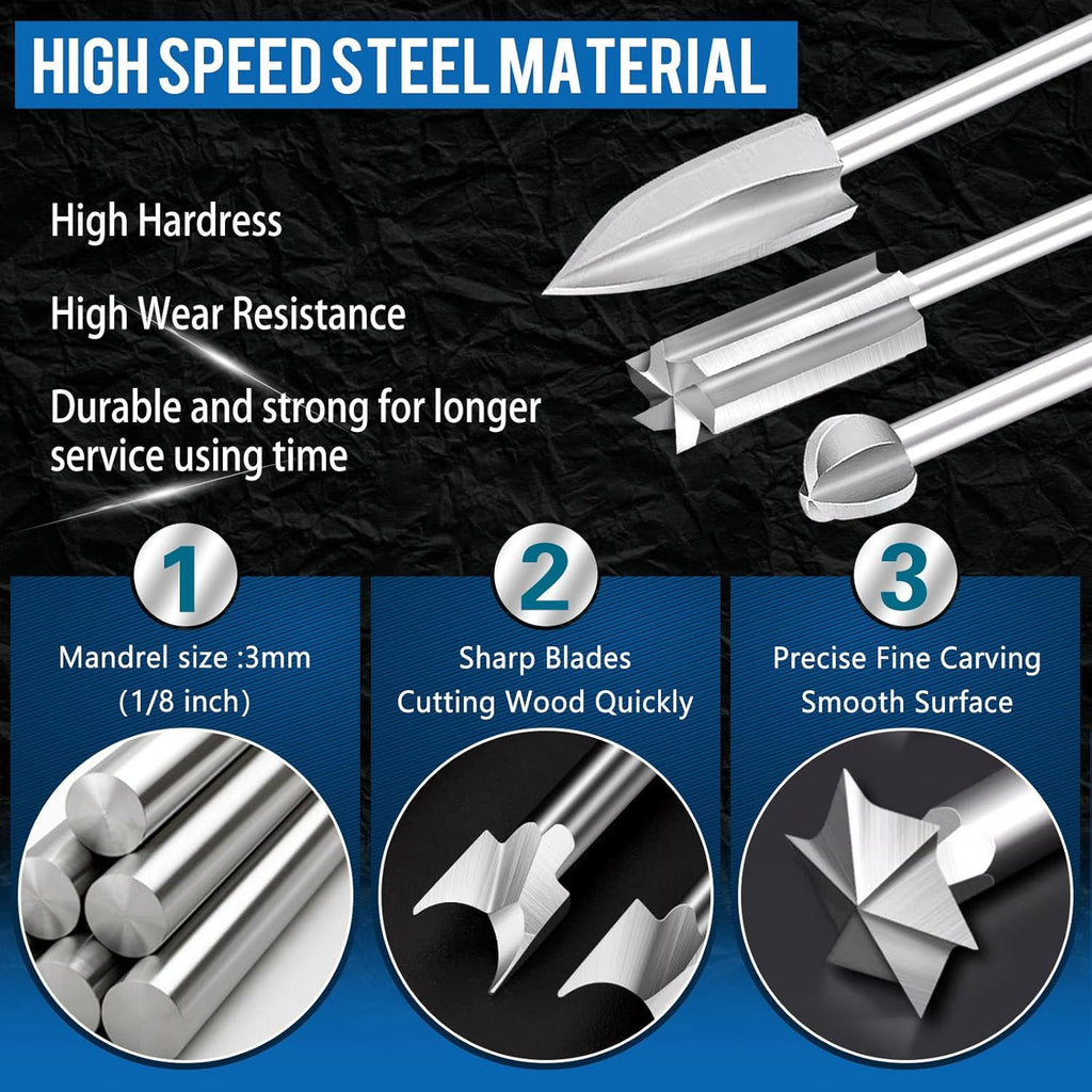 Wood Carving Bits for Dremel Rotary Tools, 6 Pcs Wood Carving Drill Bits Set, 1/8” Shank Rotary Tool Bits for DIY Woodworking Carving Engraving Grinding Drilling Micro Sculpture