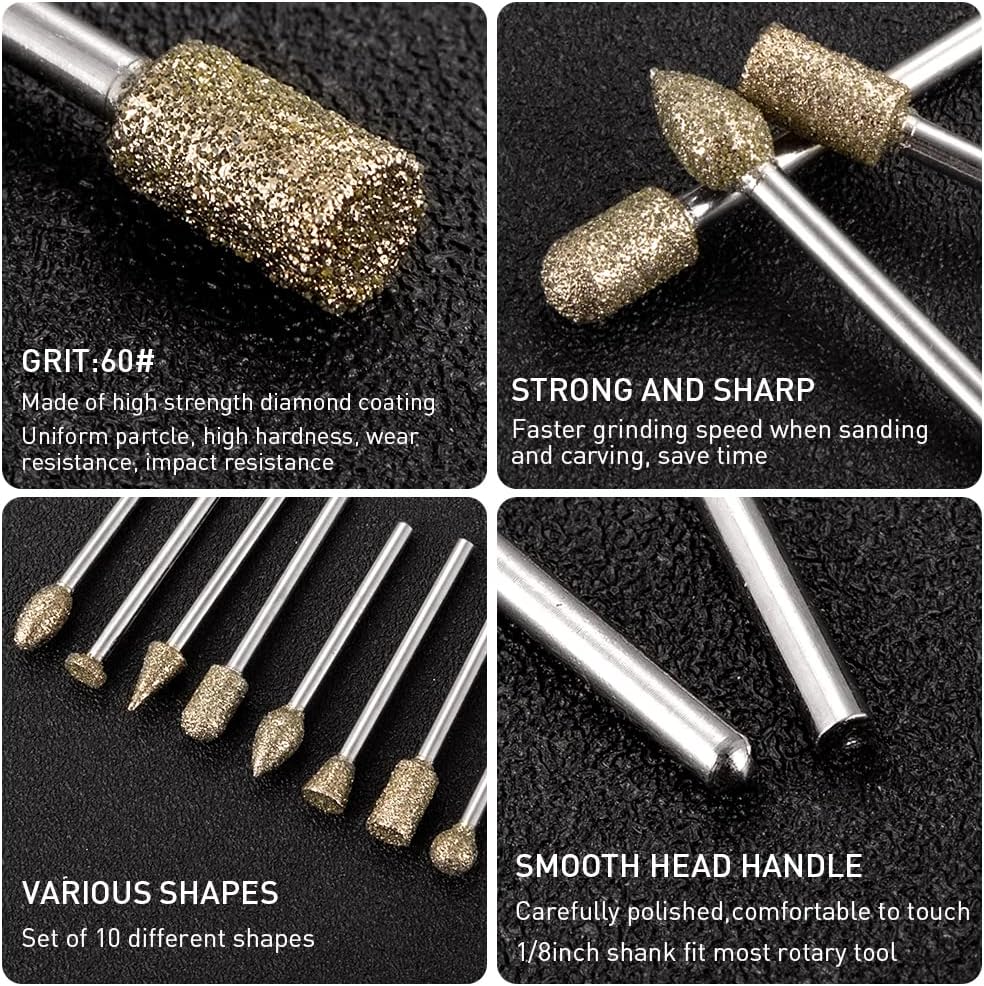 Diamond Grinding Burr Bit Set Compatible with Dremel Rotary Tool, 20Pcs 60 Grit Stone Carving Diamond Drill Bits with 1/8 inch Shank for Stone Glass Carving, Grinding, Polishing, Engraving, Sanding