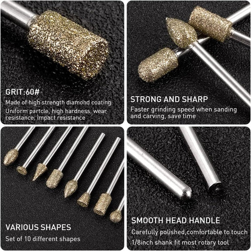 Diamond Grinding Burr Bit Set Compatible with Dremel Rotary Tool, 20Pcs 60 Grit Stone Carving Diamond Drill Bits with 1/8 inch Shank for Stone Glass Carving, Grinding, Polishing, Engraving, Sanding
