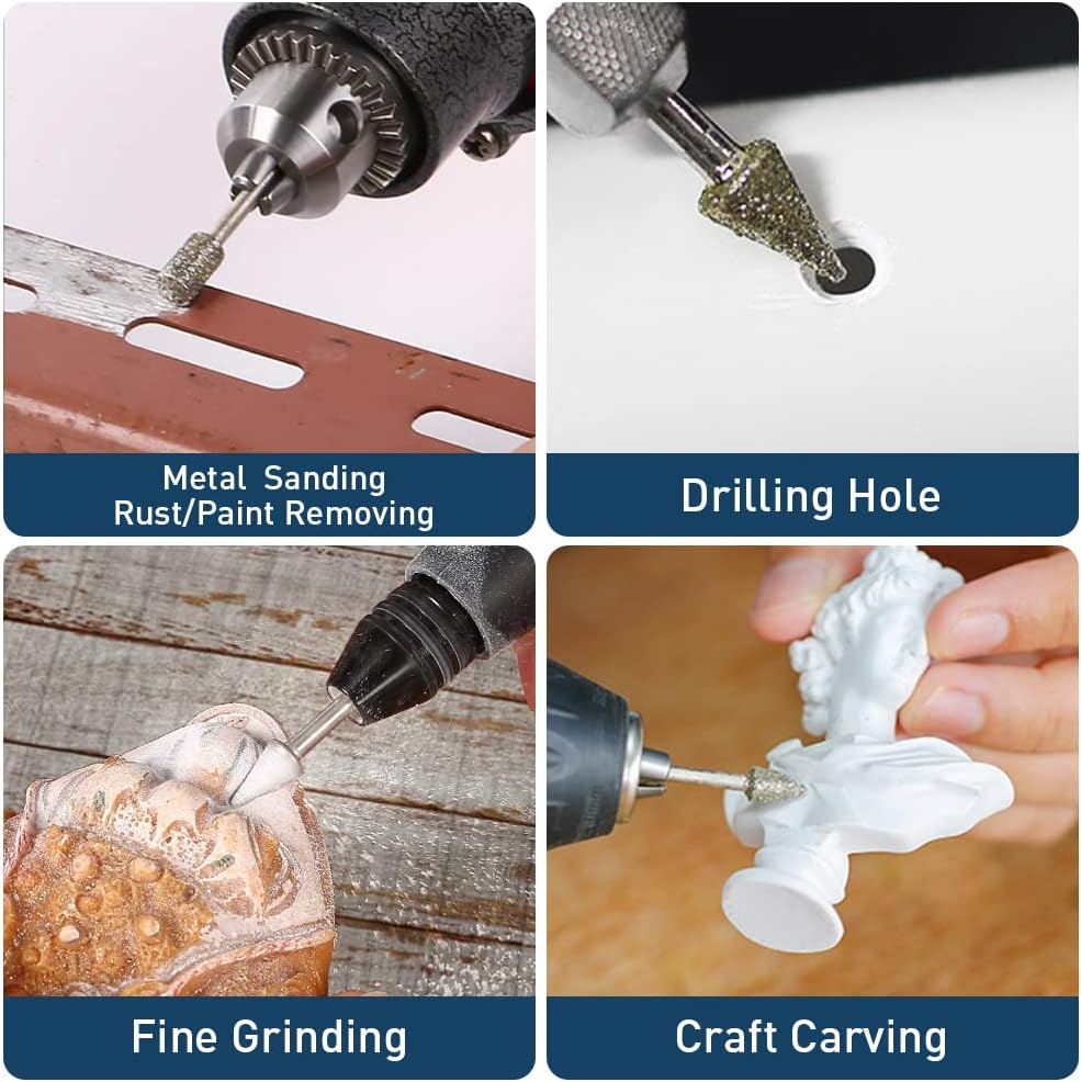 Diamond Grinding Burr Bit Set Compatible with Dremel Rotary Tool, 20Pcs 60 Grit Stone Carving Diamond Drill Bits with 1/8 inch Shank for Stone Glass Carving, Grinding, Polishing, Engraving, Sanding
