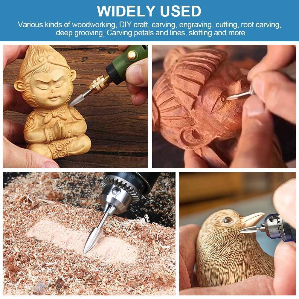 Wood Carving Tools for Dremel Rotary Tool, 5 PCS HSS Woodworking Tools Engraving Drill Bit Set Wood Crafts Grinding Tool Universal 1/8” Shank for DIY Carving Drilling Micro Sculpture