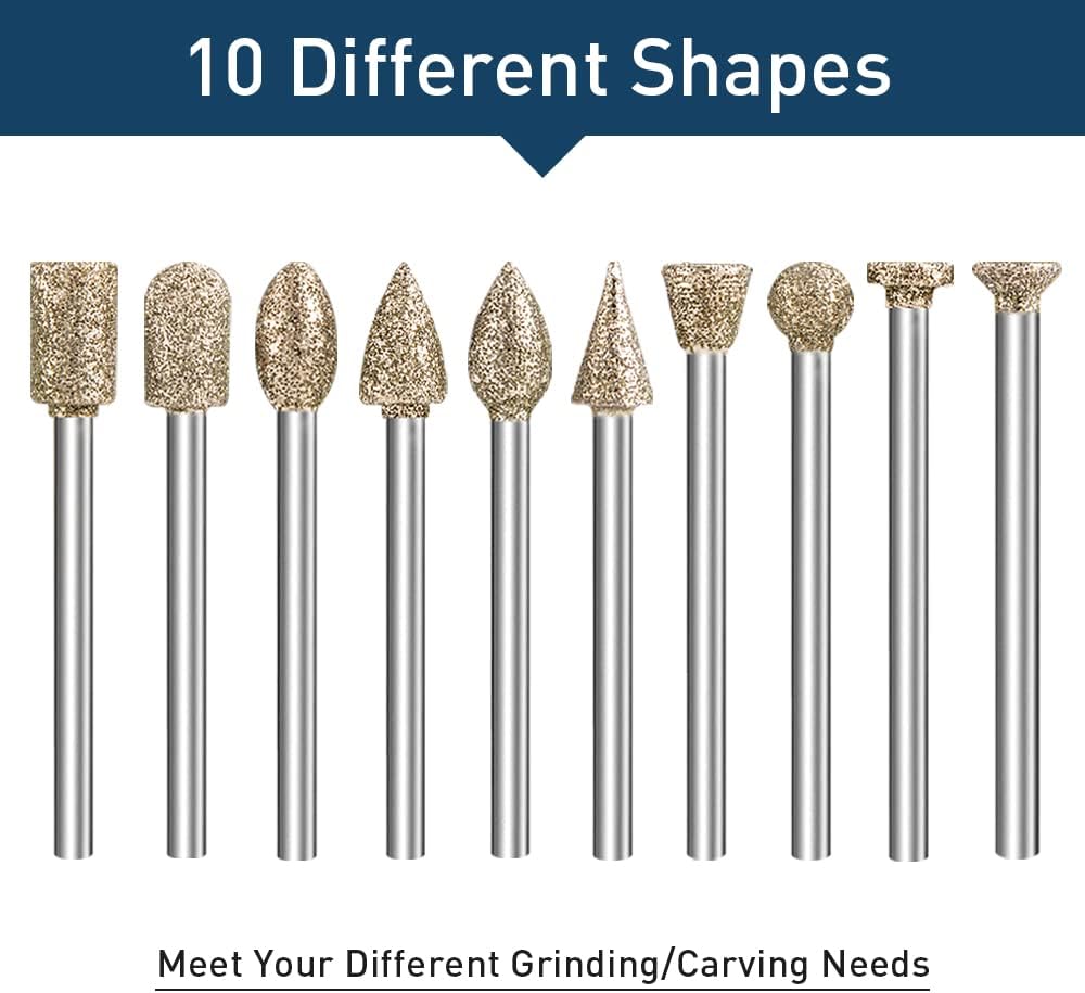 Diamond Grinding Burr Bit Set Compatible with Dremel Rotary Tool, 20Pcs 60 Grit Stone Carving Diamond Drill Bits with 1/8 inch Shank for Stone Glass Carving, Grinding, Polishing, Engraving, Sanding