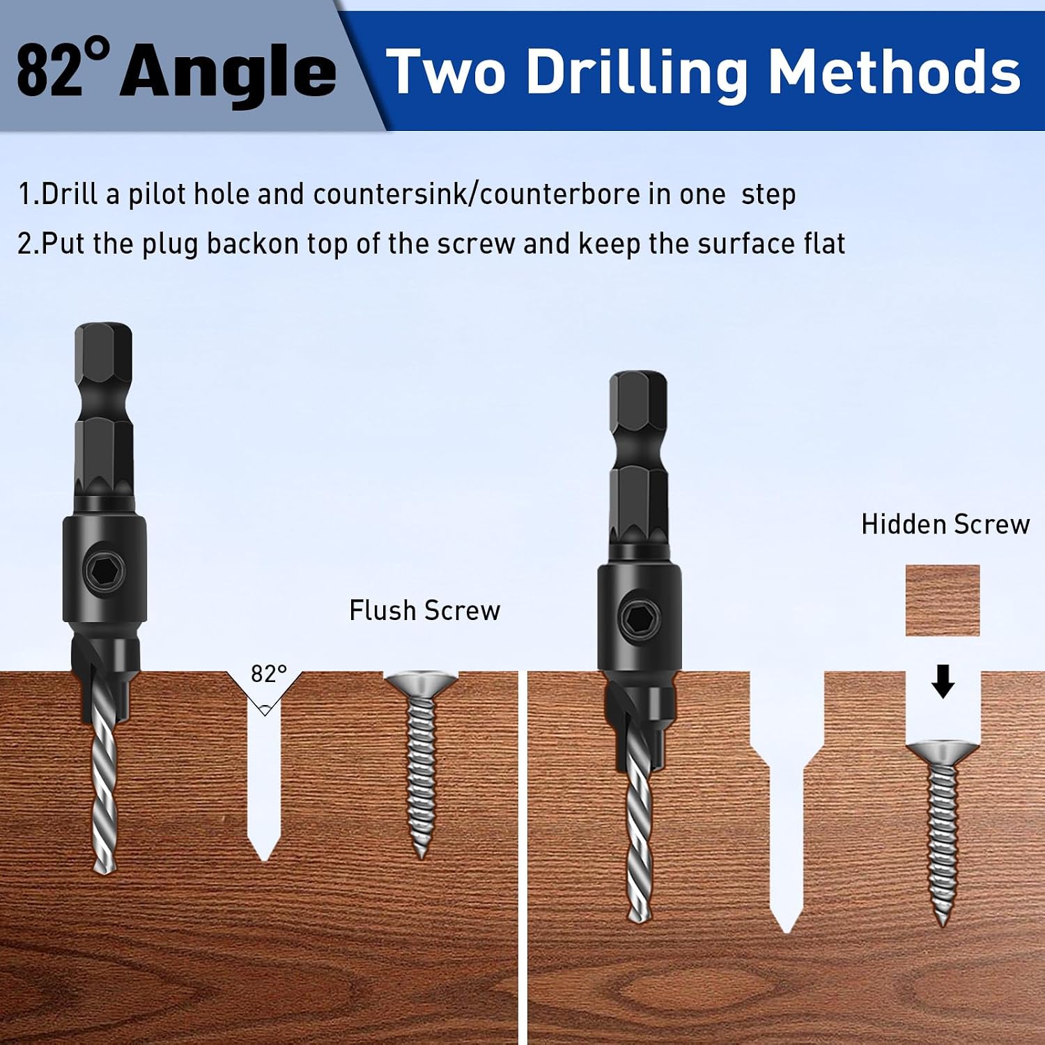 Countersink Drill Bit Set, 11 PCS Counter Sink Drill Bits for Wood, #5, #6, #8, #10, #12, Quick Change 1/4" Hex Shank Adjustable Countersink Set for Woodworking with Storage Box
