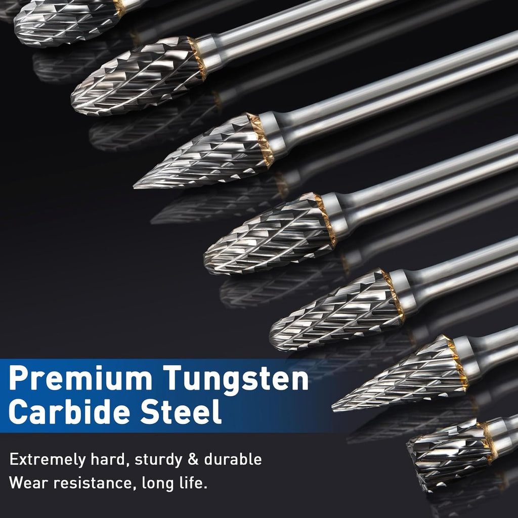 Carbide Burr Set Compatible with Dremel Rotary Tool 10Pcs Double Cut Carbide Rotary Burr Set with 1/8" Shank Rotary Tool Accessories for Woodworking, Carving, Engraving, Drilling, Steel Metal Working