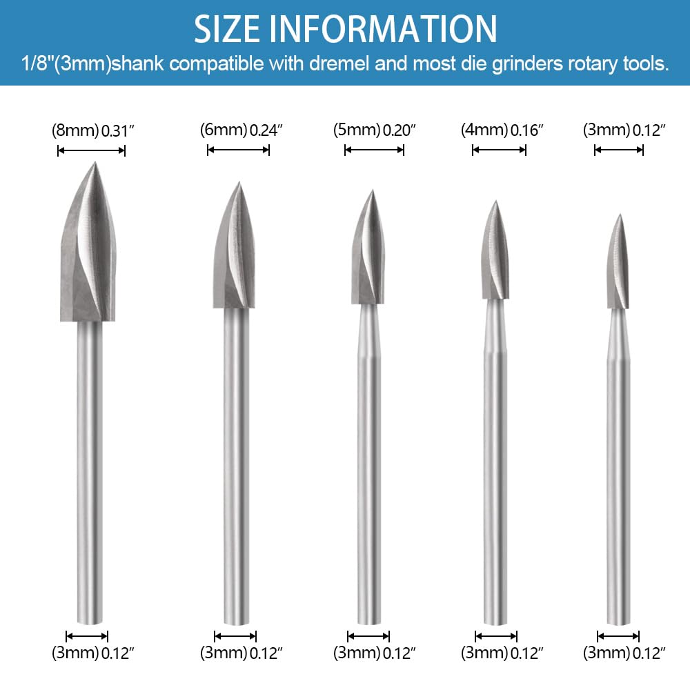 Wood Carving Tools for Dremel Rotary Tool, 5 PCS HSS Woodworking Tools Engraving Drill Bit Set Wood Crafts Grinding Tool Universal 1/8” Shank for DIY Carving Drilling Micro Sculpture