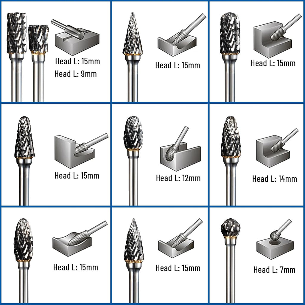 Carbide Burr Set Compatible with Dremel Rotary Tool 10Pcs Double Cut Carbide Rotary Burr Set with 1/8" Shank Rotary Tool Accessories for Woodworking, Carving, Engraving, Drilling, Steel Metal Working