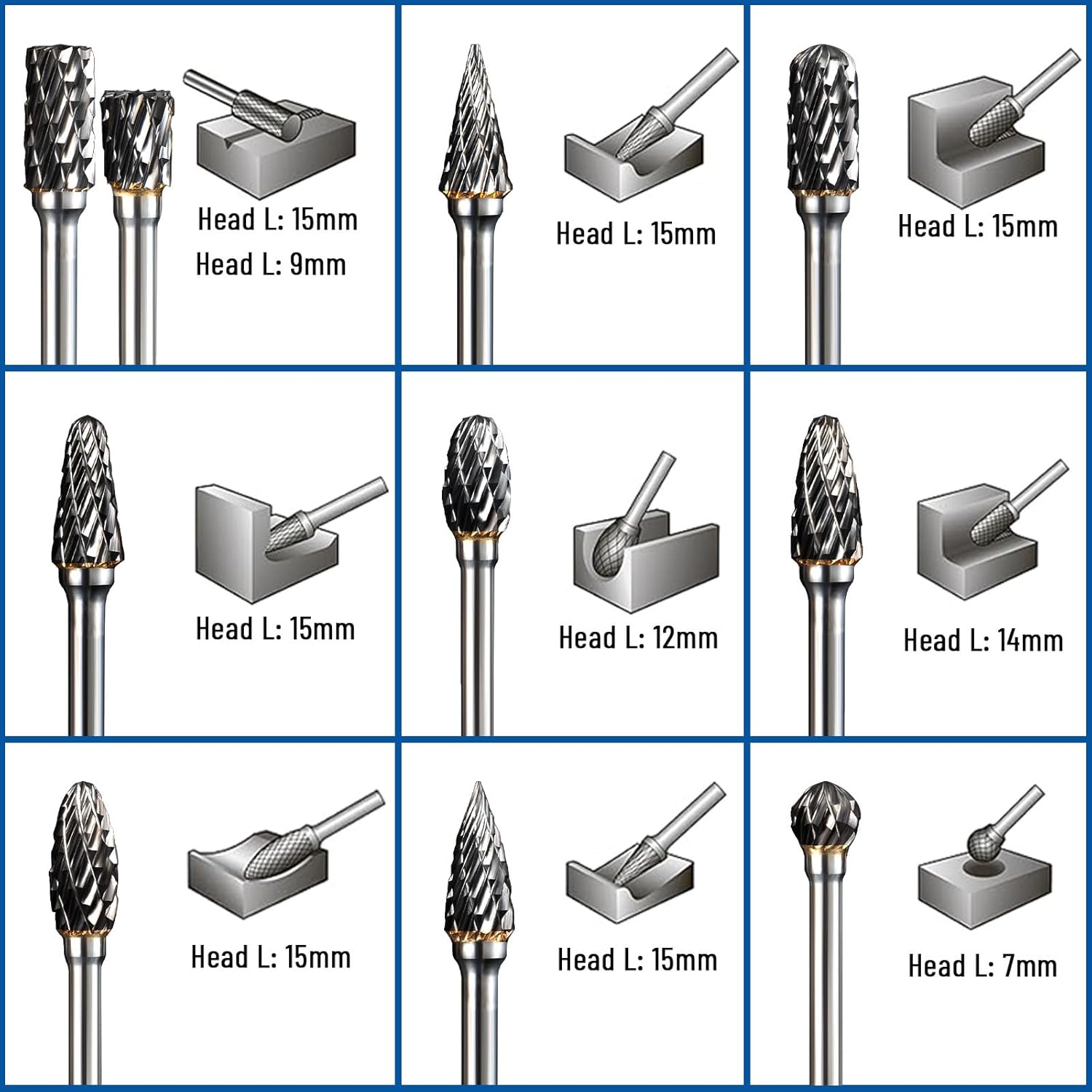 Carbide Burr Set Compatible with Dremel Rotary Tool 10Pcs Double Cut Carbide Rotary Burr Set with 1/8" Shank Rotary Tool Accessories for Woodworking, Carving, Engraving, Drilling, Steel Metal Working