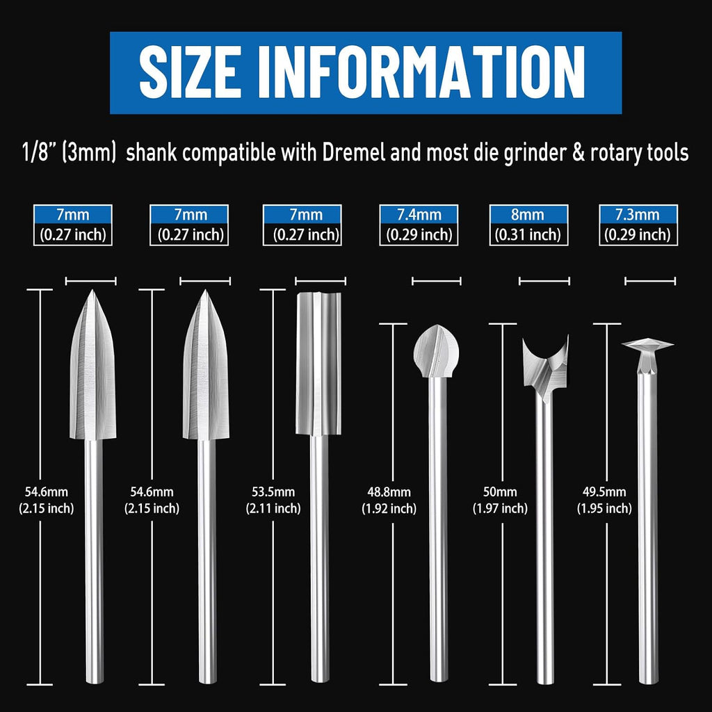 Wood Carving Bits for Dremel Rotary Tools, 6 Pcs Wood Carving Drill Bits Set, 1/8” Shank Rotary Tool Bits for DIY Woodworking Carving Engraving Grinding Drilling Micro Sculpture
