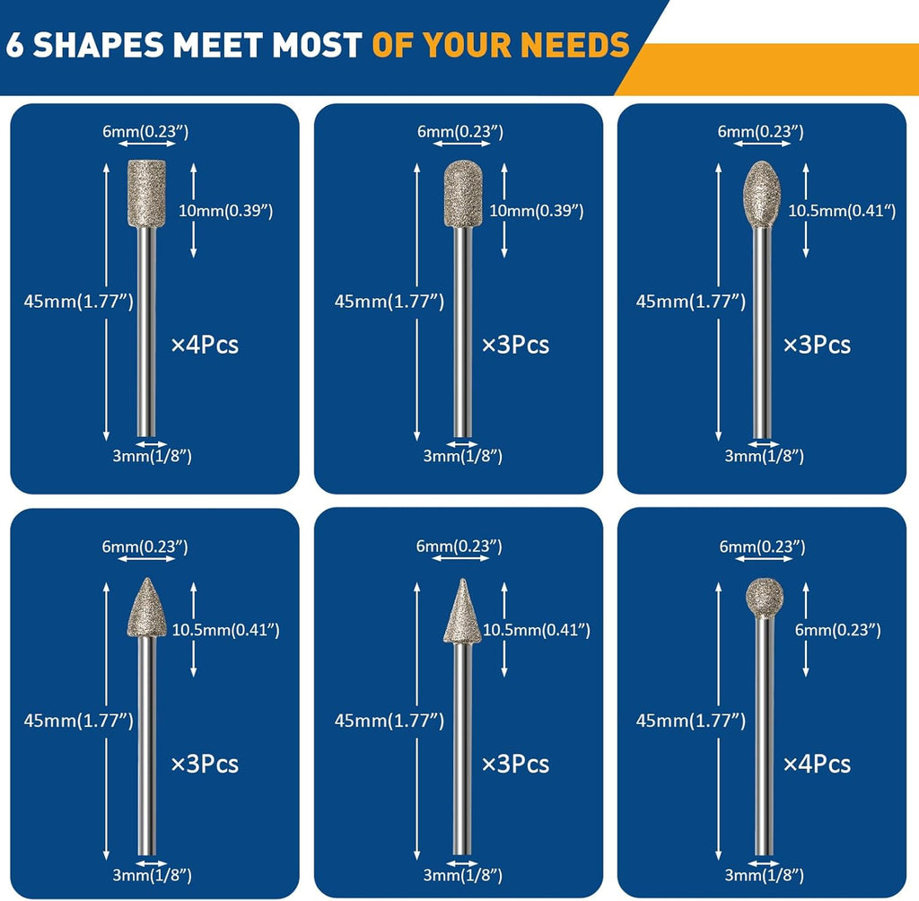 20Pcs 120 Grit Diamond Grinding Bits Compatible with Dremel Rotary Tool with 1/8" Shank Diamond Drill Bits for Stone Glass Carving Engraving DIY Grinding Polishing