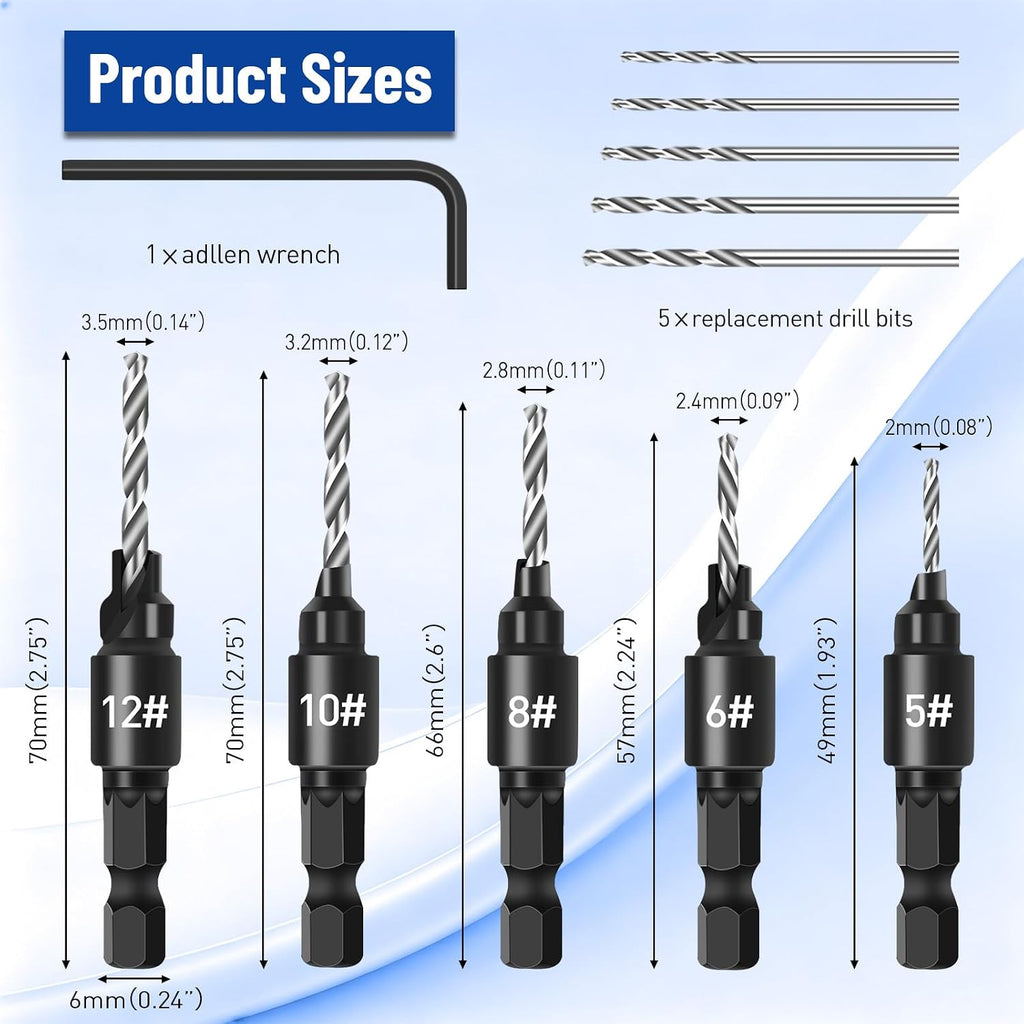 Countersink Drill Bit Set, 11 PCS Counter Sink Drill Bits for Wood, #5, #6, #8, #10, #12, Quick Change 1/4" Hex Shank Adjustable Countersink Set for Woodworking with Storage Box