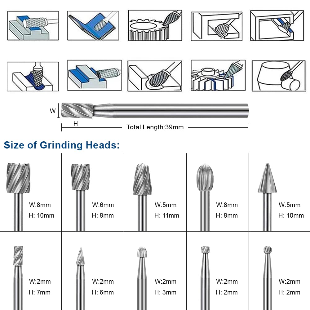 Wood Carving Bits Engraving Router Bit, 20pcs HSS Different Rotary Burr Set with 1/8"(3mm) Shank for Rotary Tools for DIY Woodworking, Carving, Drilling, Engraving, Trimming