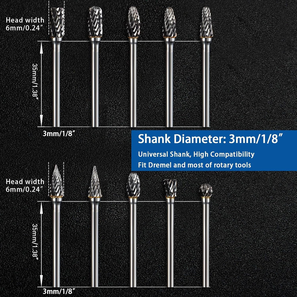 Carbide Burr Set Compatible with Dremel Rotary Tool 10Pcs Double Cut Carbide Rotary Burr Set with 1/8" Shank Rotary Tool Accessories for Woodworking, Carving, Engraving, Drilling, Steel Metal Working