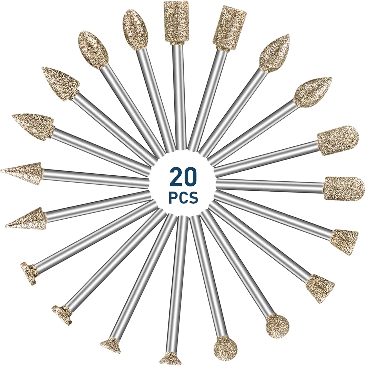 Diamond Grinding Burr Bit Set Compatible with Dremel Rotary Tool, 20Pcs 60 Grit Stone Carving Diamond Drill Bits with 1/8 inch Shank for Stone Glass Carving, Grinding, Polishing, Engraving, Sanding